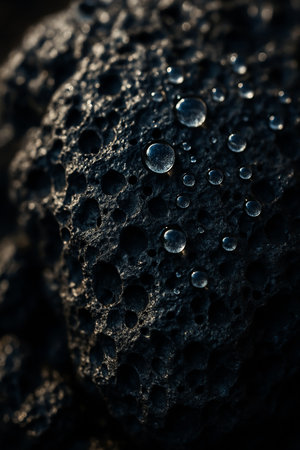 Close up of black volcanic sand with water drops. Selective focus.の素材