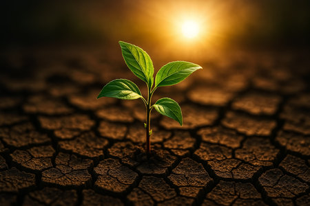 Green sprout on cracked earth background. Concept of climate change.の素材