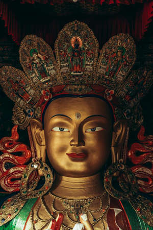 golden buddha statue in Thiksey monastery, Leh, Ladakh, Indiaの写真素材