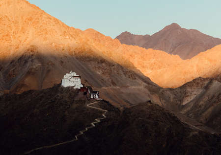 View of Namgyal Tsemo Monastery from Shanti Stupa in Leh, Ladakh, Indiaの写真素材