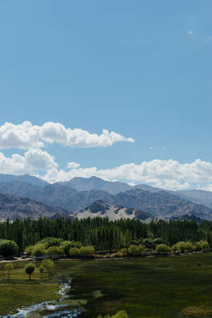 Ladakh landscape with arid mountains, grasslands, blue sky and a small creekの写真素材