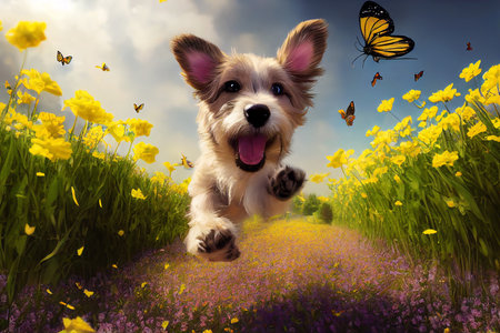 Cute little dog running in the meadow with flowers and butterflies (AI generated)の素材