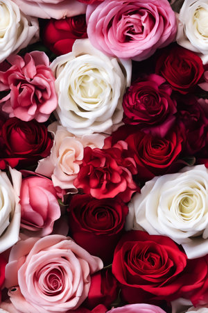 Close up of red, pink and white flowers as a repeatable tile. Ai generated image.の素材