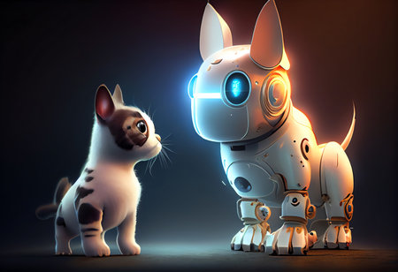 Cute dog and robot looking at each other.の素材