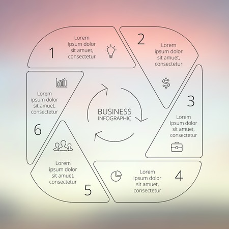 Circle line infographic. Template for cycle diagram, graph, presentation and round chart. Business concept with 6 options, parts, steps or processes. Linear graphic. Blur vector background.のイラスト素材