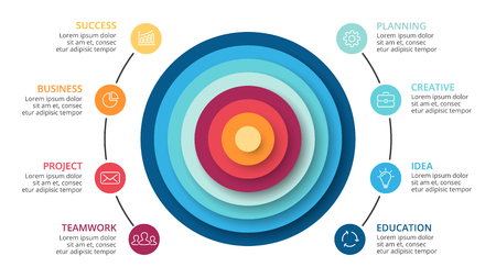 Vector circles abstract pyramid infographic, cycle diagram, graph, presentation chart. Business concept with 8 options, parts, steps, processes.のイラスト素材
