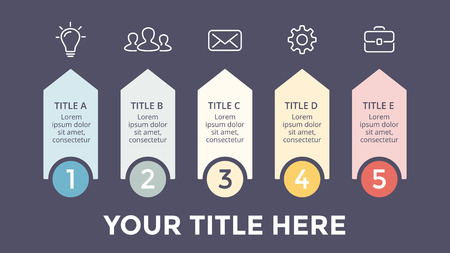 Vector arrows infographic, growth diagram chart, performance graph presentation. Business progress concept with 5 options, parts, steps, processes. 16x9 dark slide template.のイラスト素材