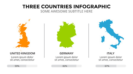 Countries map infographic. Global business marketing presentation. World transportation data. Economic statistic. 3 regions. 16x9 slide template. Great Britain, Germany, Italy.のイラスト素材