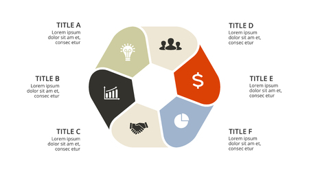 Vector circle arrows infographic, cycle diagram, geometric graph, presentation chart. Business concept with 6 options, parts, steps, processes. 16x9 slide template.のイラスト素材