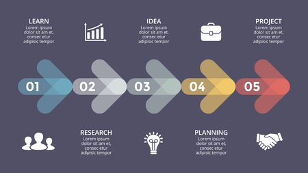 Vector arrows timeline infographic, diagram chart, graph presentation. Business progress concept with 5 options, parts, steps, processes.のイラスト素材
