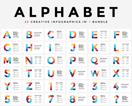 Vector alphabet infographic, presentation slide template. Business typographic concept with all numbers and letters. 16x9 aspect ratio. 36 infographics in 1 bundle. Latin type.のイラスト素材
