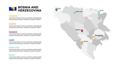 Bosnia and Herzegovina vector map infographic template. Slide presentation. Global business marketing concept. Color Europe country. World transportation geography data.のイラスト素材