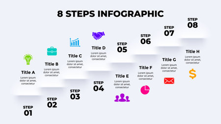 Neumorphic Vector Infographic. Presentation slide template. Shadows stairs. 8 steps up. Neumorphism skeuomorphism ui design. Clean minimal flat style.のイラスト素材