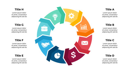 Arrows Vector Infographic. Presentation slide template. Circle diagram. Chart with 8 options.のイラスト素材