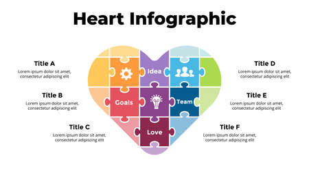 Puzzle jigsaw heart sign Infographic. Valentines Day. Medical healthcare concept. 6 options diagram. Vector illustration slide template.のイラスト素材