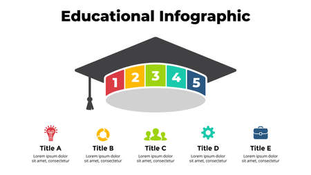 Graduation cap infographic. Educational concept. Student finished university. 5 options diagram. Vector slide template. Creative illustration.のイラスト素材
