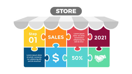 Puzzle store infographic presentation. Eight options banner chart. Shop advertising banner. E-commerce shopping concept. Digital marketing.のイラスト素材