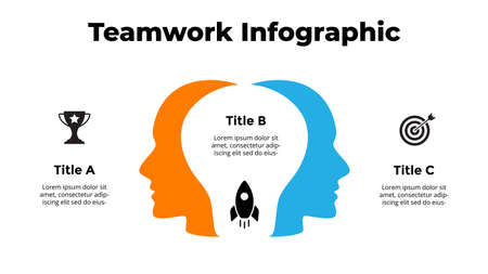 2 human heads and light bulb infographic. Group of people generating new idea. Teamwork business concept. Vector slide template. Creative illustration.のイラスト素材