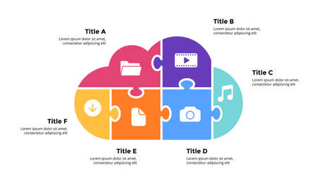 Infographic slide template for your presentation. Puzzle cloud service illustration. 6 options, steps. Creative web concept. Internet technology.のイラスト素材