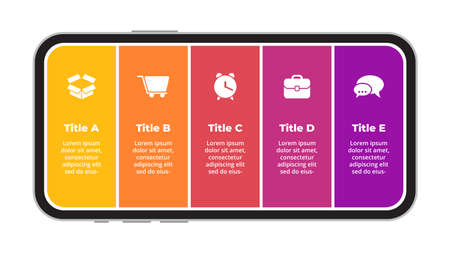 Infographic slide template. Electronic device presentation. 5 options banner. User interface and experience smartphone screen.のイラスト素材