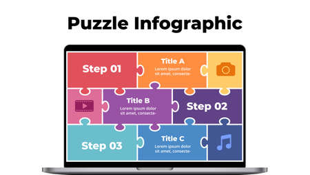 Puzzle laptop infographic slide template. Electronic device presentation. User interface and experience notebook screen.のイラスト素材
