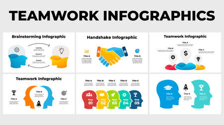 Teamwork business infographics. Presentation slide template. Creative thinking. Group of people collaboration. Brainstorming, educational concept. Generating idea light bulb layout.のイラスト素材