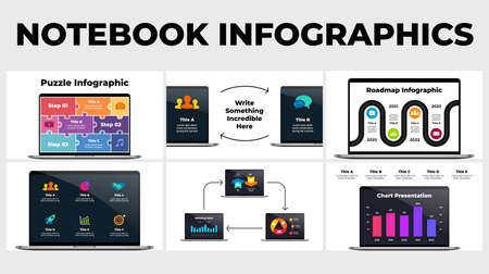 Electronic device mockups. Notebook infographic template presentation. Laptop display for your...