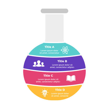 Scientific research Infographic. Chemical or biological experiment with flask. 4 steps banner chart. Vector illustration slide template.のイラスト素材