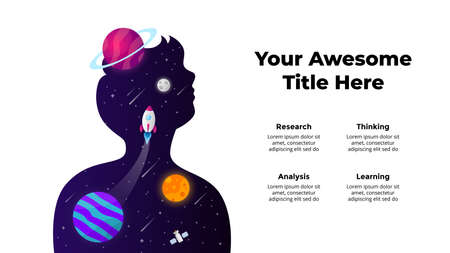 Human dreams about universe. Startup vector Infographic. Rocket launch into space background. Educational presentation slide template.のイラスト素材