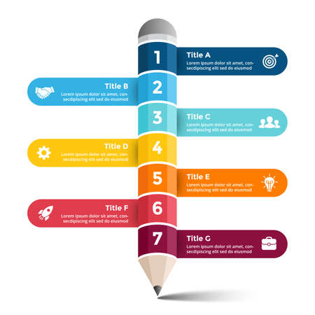 Pencil write infographic. Educational 3D concept. 7 steps options diagram. Vector chart template. Creative colorful illustration.のイラスト素材
