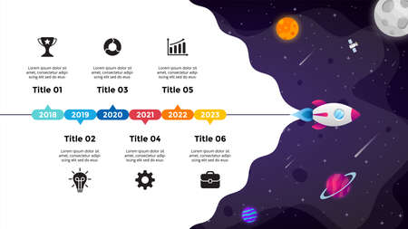 Universe background. Startup vector Infographic. Rocket launch into space. Presentation slide template. Business success diagram chart. 5 steps.のイラスト素材