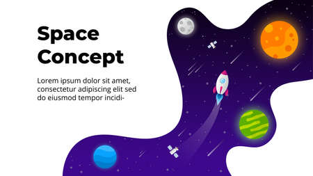 Universe background. Startup vector illustration. Rocket launch into space. Presentation slide template. Business success. Universe flyer. Abstract creative world. Planets and stars.のイラスト素材