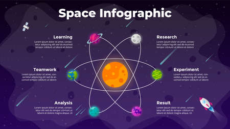 Circle diagram. Startup vector infographic. Rocket launch into space. Universe background. Presentation slide template. Business success chart. 6 options.のイラスト素材