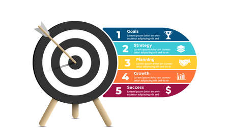 Success infographic. Business presentation slide template. Arrow hit the target. Goal diagram. Chart with 5 steps, options, processes.のイラスト素材