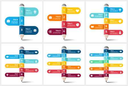 Pencil write infographic. Educational 3D concept. 3, 4, 5, 6, 7, 8 steps options diagram. Vector chart template. Creative colorful illustration.のイラスト素材