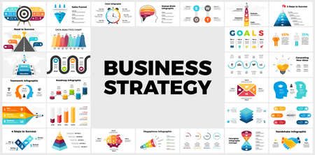 Business Strategy Infographics. Presentation slide templates. 3, 4, 5, 6, 7, 8 steps. Successful startup. Stairs up. Mountain peak. Financial scheme chart, graph, circle diagram, reports. strategy.のイラスト素材