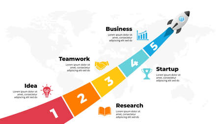 Startup vector infographic. Rocket launch. Presentation slide template. Spaceship fly. Business success diagram chart. Timeline roadmap 5 options, steps. Creative project concept. World map.のイラスト素材
