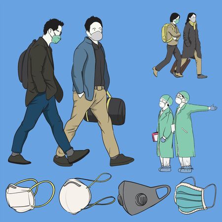 Illustration vector graphic - People wearing medical mask in pollution crisis and doctor with nurse. Isolated over blue background.のイラスト素材