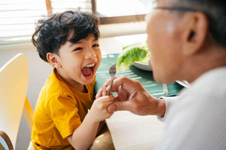 Grandson feed his grandpa the breakfast in the morning in dining room.の写真素材