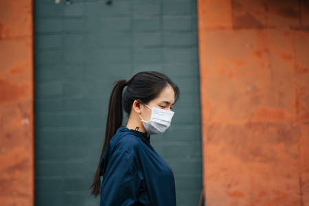 Asian woman with crying posture walking in the city.