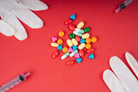 Colourful medicine with gloves and syringes over red background.の写真素材