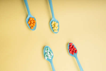 Top view - pill capsules and molecules as medical concept.