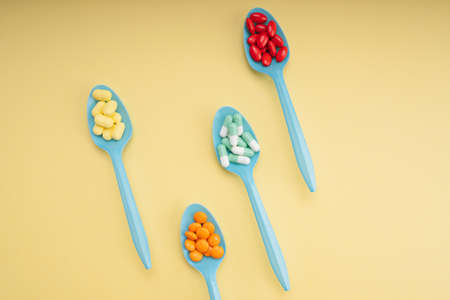 Top view  pill capsules and molecules as medical concept.の写真素材