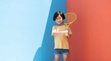 Cute little boy in yellow shirt holding tennis racket over colourful blue and red background....