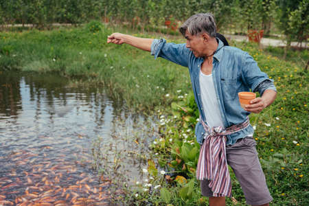 Asian elderly senior farmer feeding fish with pellet food in fishing farm.