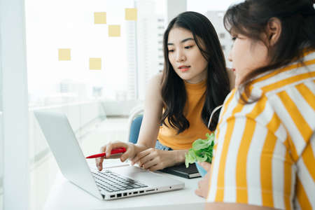 Beautiful business woman working on laptop with partner in office room.の写真素材