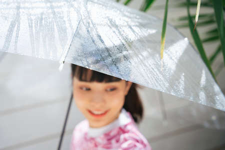 Young asian woman in pink shirt holding transparent umbrella in sunny day.の写真素材