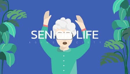 Vector illustration - old woman using VR with excited expression.のイラスト素材