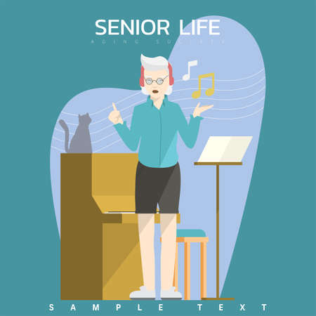 Vector illustration - Old woman singing song in music room fill with piano and a cat.のイラスト素材