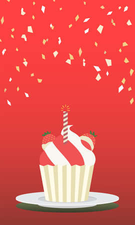 Sweet yummy cupcake, creamy cake, vector ilustration. Strawberry birthday celebration cupcake on a...